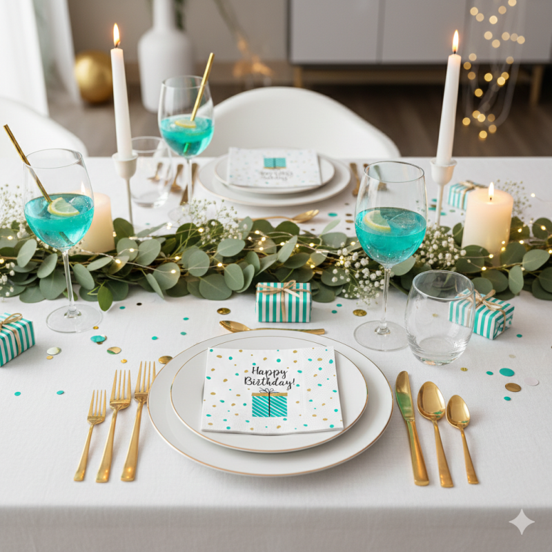 Lot de 20 serviettes en papier Happy Birthday - Turquoise et Or - 33x33 cm