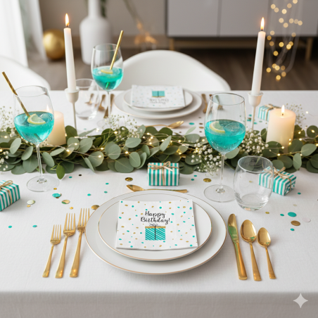 Lot de 20 serviettes en papier Happy Birthday - Turquoise et Or - 33x33 cm