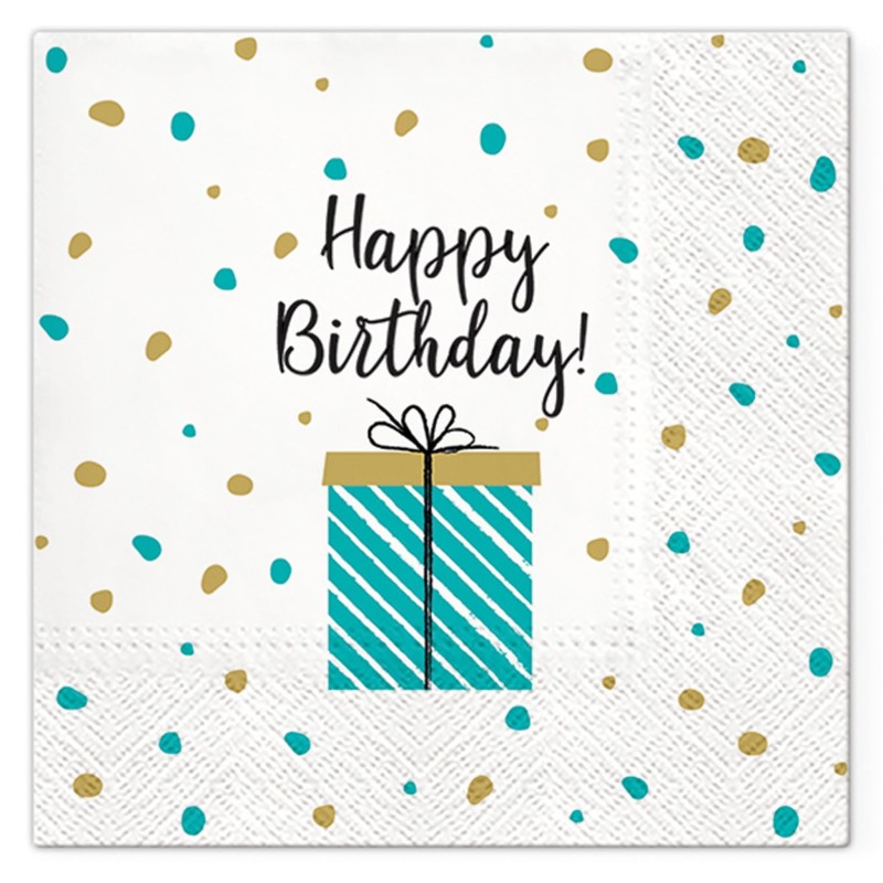 Lot de 20 serviettes en papier Happy Birthday - Turquoise et Or - 33x33 cm