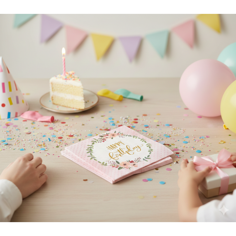 20 Serviettes Anniversaire Fleurs & Or 33x33 cm | 1001kdoo