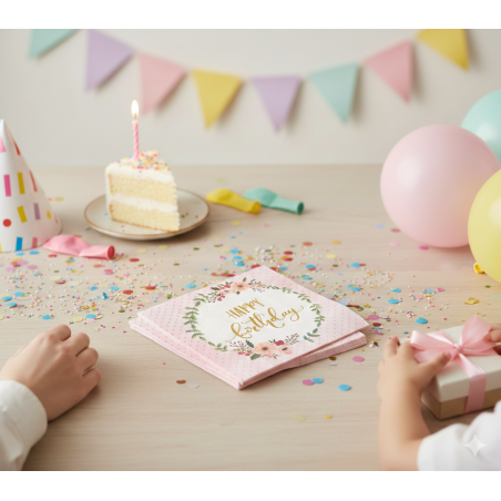 20 Serviettes Anniversaire Fleurs & Or 33x33 cm | 1001kdoo