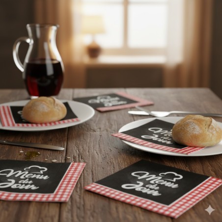 20 Serviettes en Papier Menu du Jour - Style Bistrot & Vichy Rouge