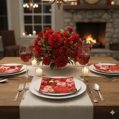 20 Serviettes en papier Renoncules et Roses Rouges - 33x33 cm