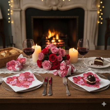 Serviettes Papier Cœur Roses (Lot de 20) | Déco Table Saint-Valentin