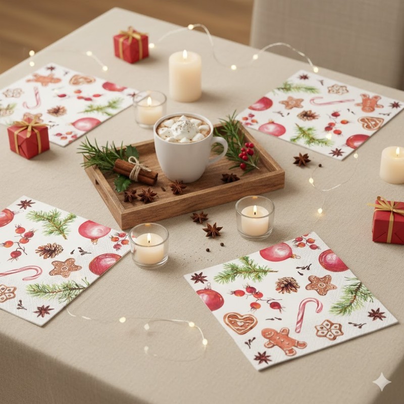 20 Serviettes en Papier Noël - Motif Pain d'Épice et Friandises - 33x33cm