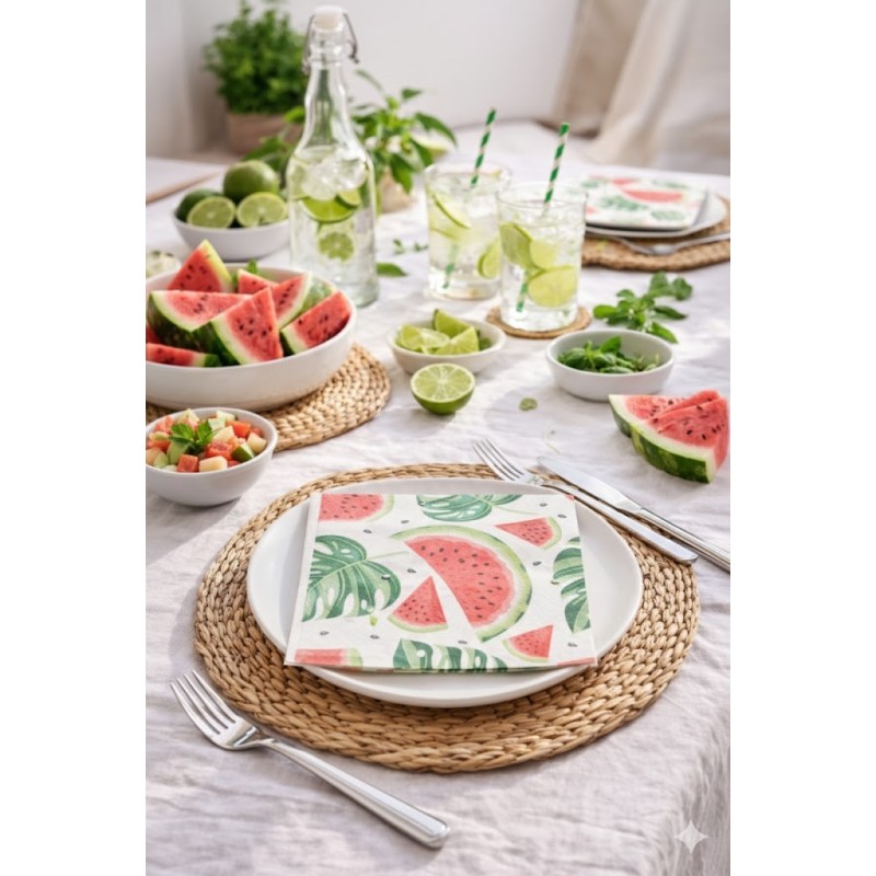 Lot de 20 Serviettes Papier Pastèque - Déco Table Été & Anniversaire