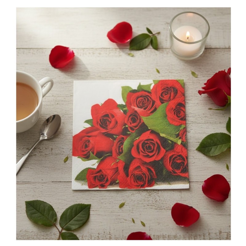 Lot de 20 serviettes en papier Roses Rouges - 25 x 25 cm