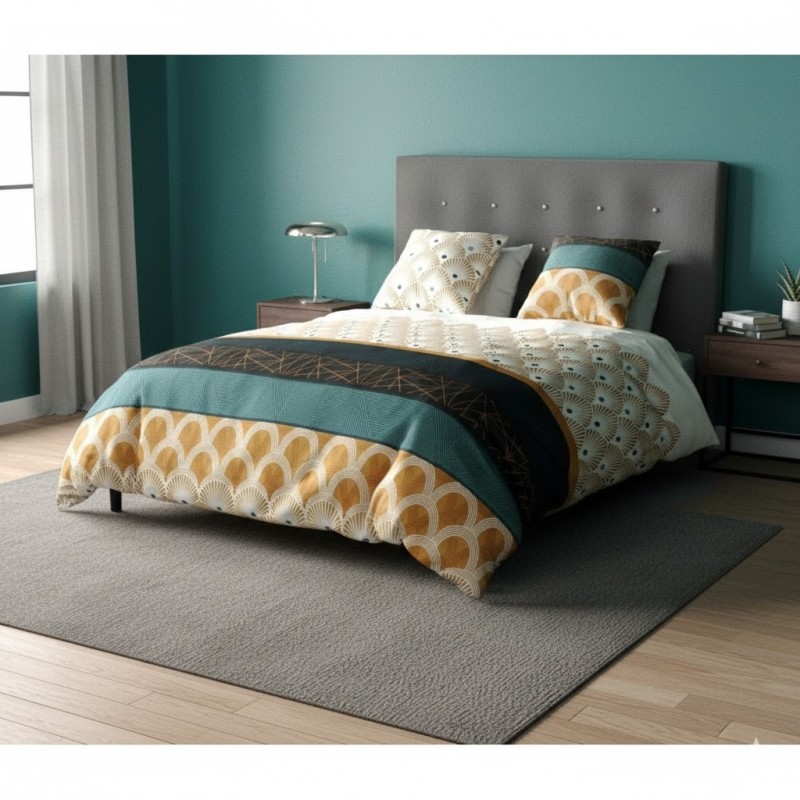 Parure de lit Art Déco Bangy - Housse de couette + 2 taies - Bleu & Ocre