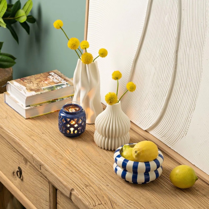 Pot de fleurs rayé en céramique  Bleu Blanc