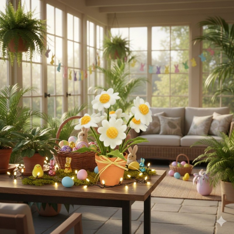 Décoration Marguerites feutre en pot de jardin