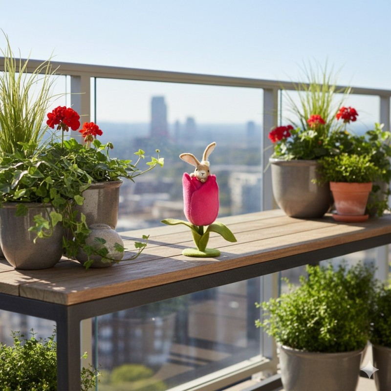 Décoration un lapin en feutre dans une fleur de jardin