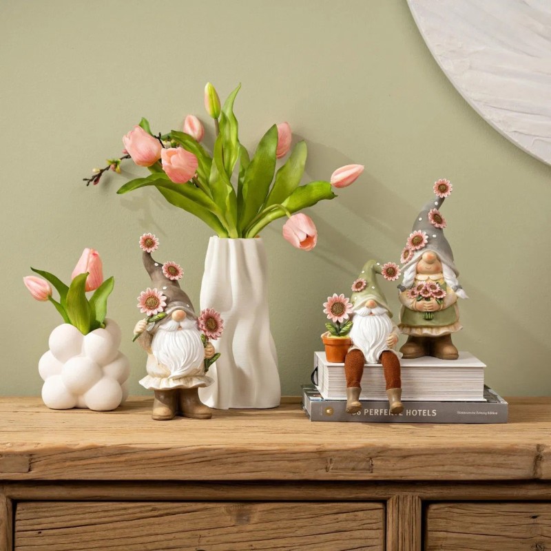 Lot de 2 décorations nains de jardin avec fleurs