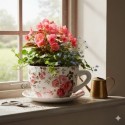 Vase ou cache pot en forme de tasse fleuries