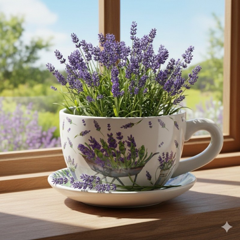 Vase ou cache pot en forme de tasse lavande