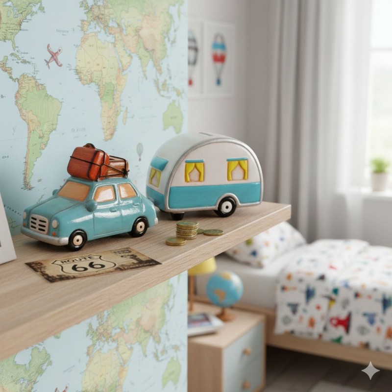 Tirelire en céramique voiture et caravane