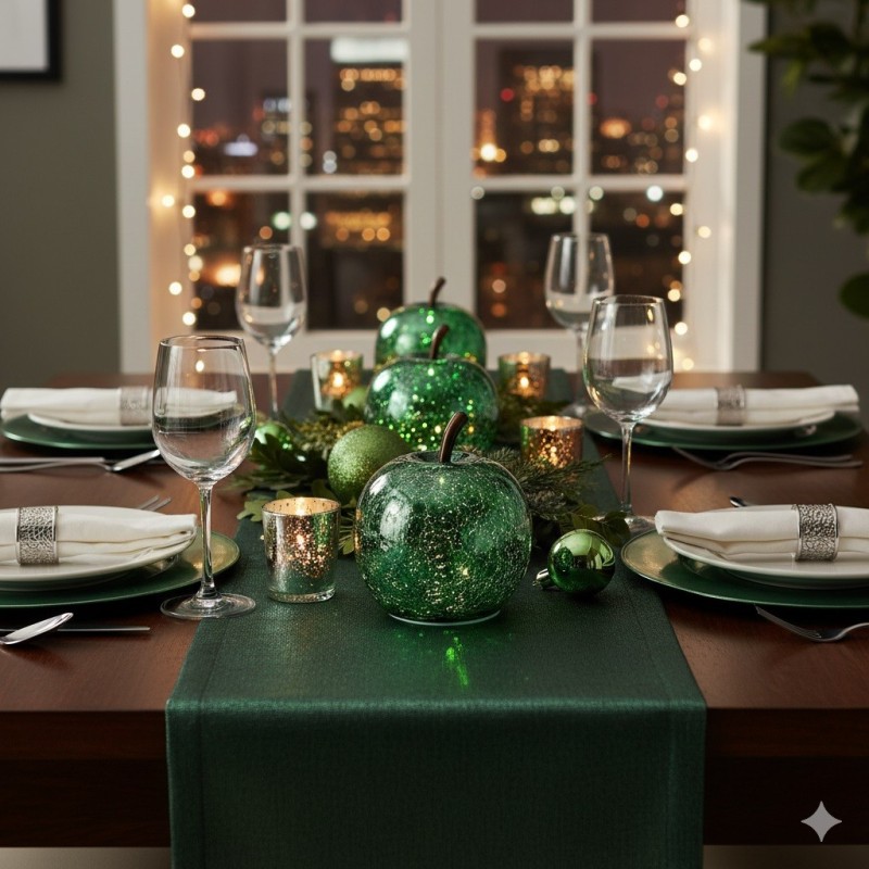 Lampe Pomme lumineuse 10 Led vert métallisé 11 x 12 x 11 cm