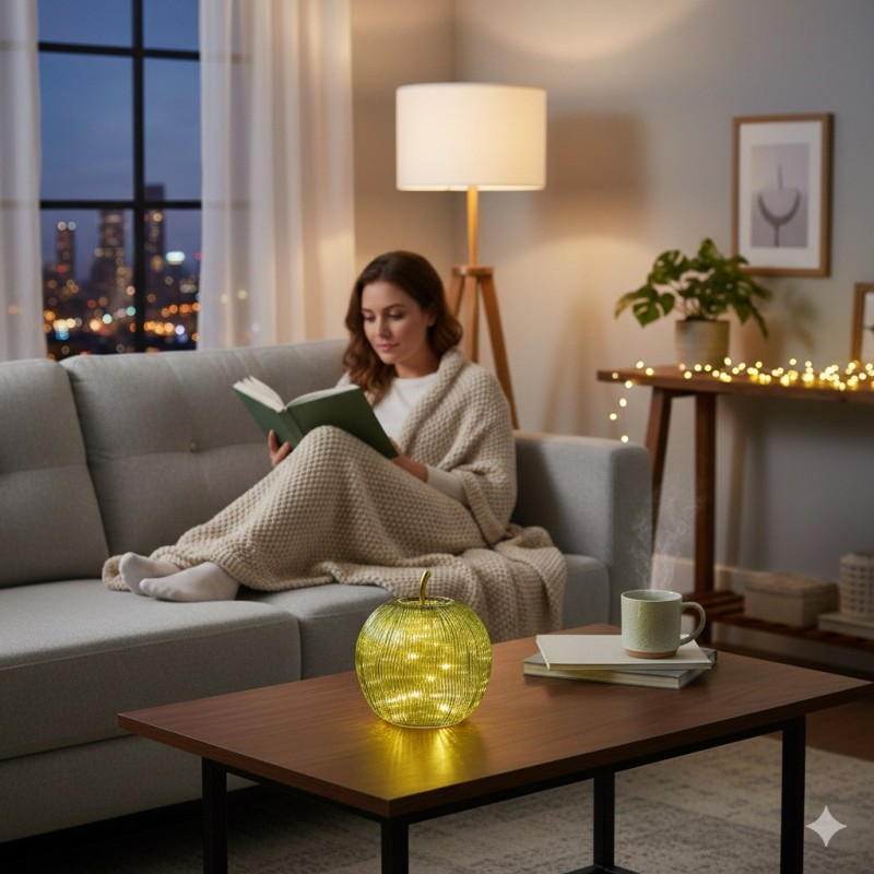 Lampe Pomme lumineuse 15 Led Vert 16x17x16cm