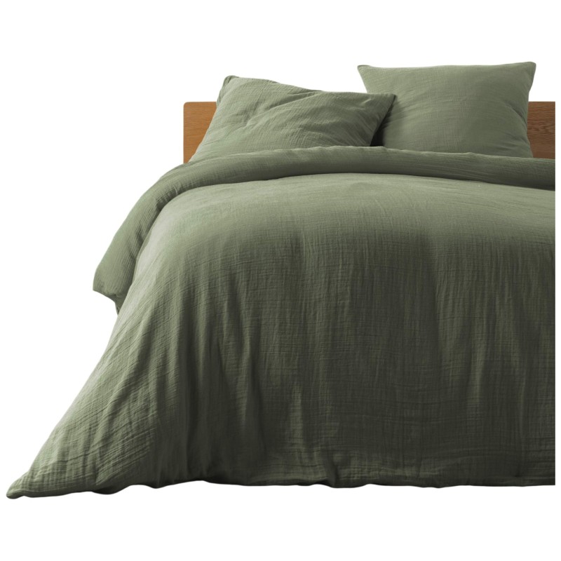 Housse de couette + 2 taies en gaze de coton 220 x 240 cm Tendance kaki