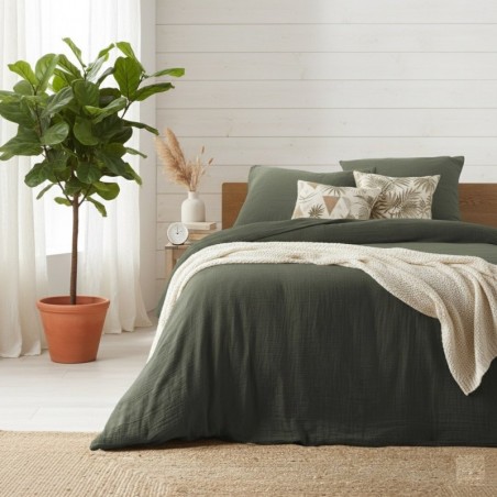 Housse de couette + 2 taies en gaze de coton 220 x 240 cm Tendance kaki