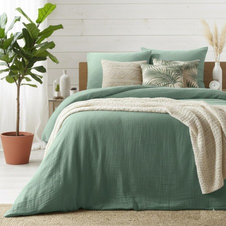 Housse de couette + 2 taies en gaze de coton 220 x 240 cm Tendance sauge