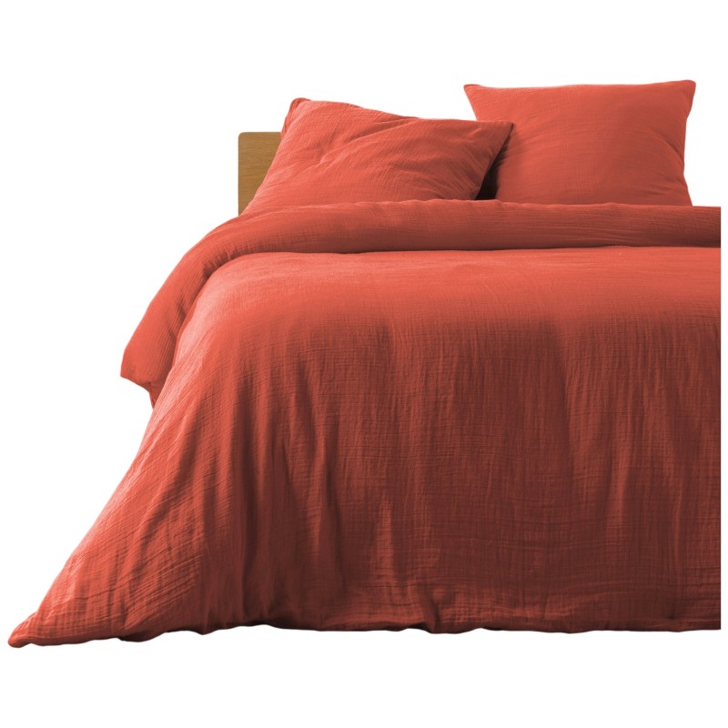 Housse de couette + 2 taies en gaze de coton 220 x 240 cm Tendance terracotta