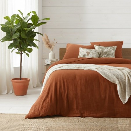 Housse de couette + 2 taies en gaze de coton 220 x 240 cm Tendance terracotta