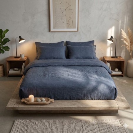 Parure de lit en double gaze de coton 220 x 240 cm Floria Bleu