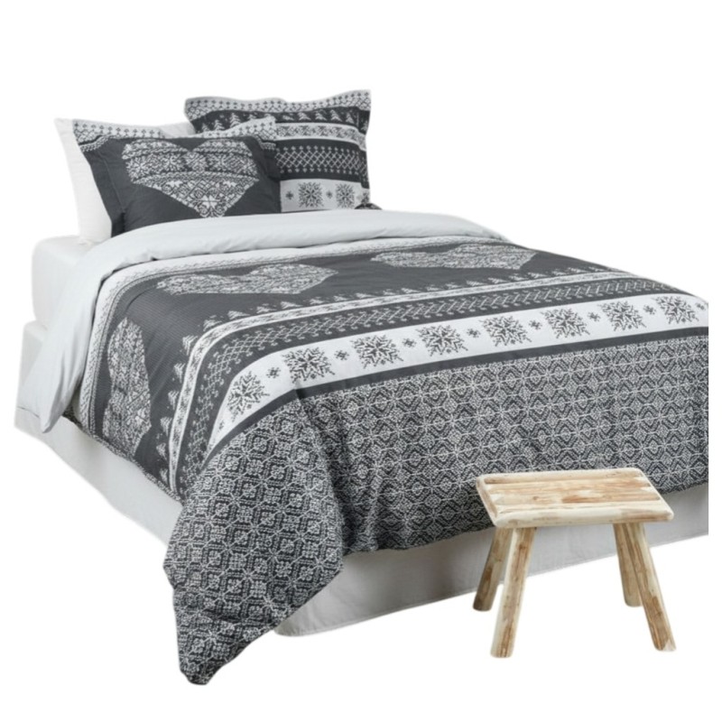 Parure de lit Esprit Chalet coeur gris 240 x 220 cm