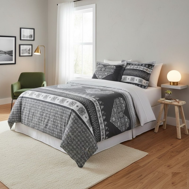 Parure de lit Esprit Chalet coeur gris 240 x 220 cm