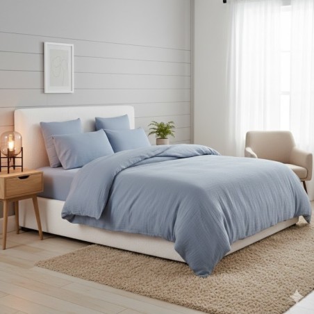 Parure de lit gaze de coton lave 220 x 240 cm Douceur bleu givree
