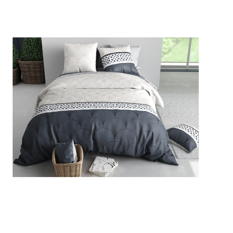 Housse couette + 2 taies 260 x 240 cm Eventails graphique arcadie