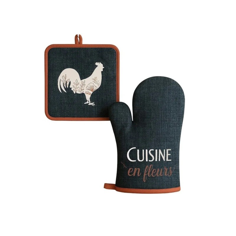 Gant et manique Coq et fleurs – Coton – Élégance et protection cuisine