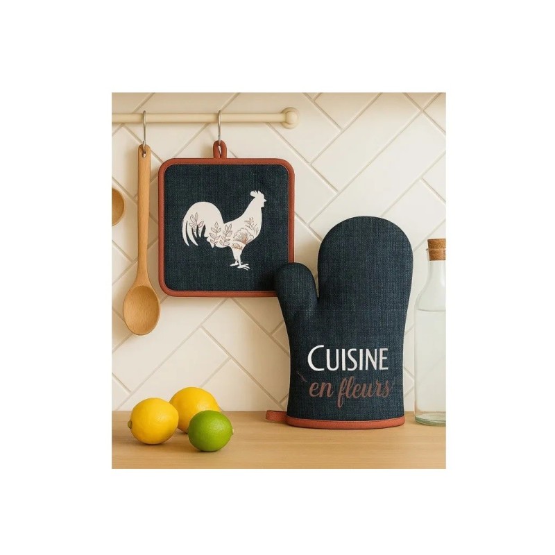 Gant et manique Coq et fleurs – Coton – Élégance et protection cuisine