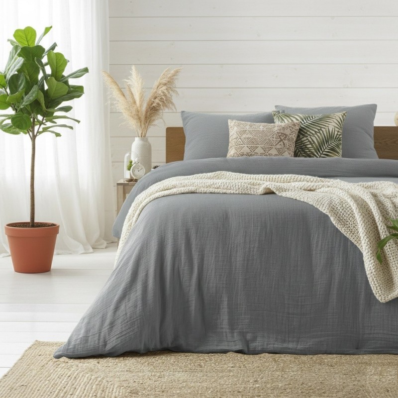 Housse de couette + 2 taies en gaze de coton 240 x 260 cm Tendance gris