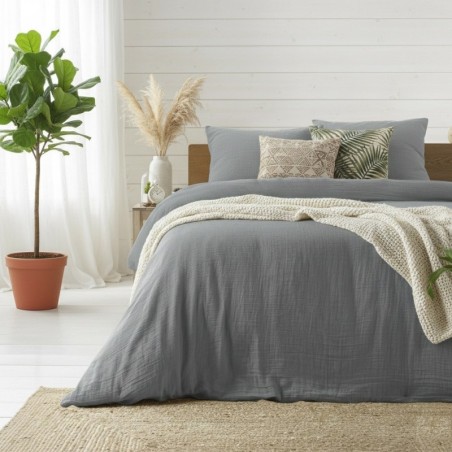 Housse de couette + 2 taies en gaze de coton 240 x 260 cm Tendance gris