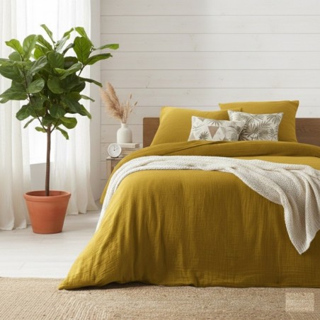 Housse de couette + 2 taies en gaze de coton 240 x 260 cm Tendance jaune