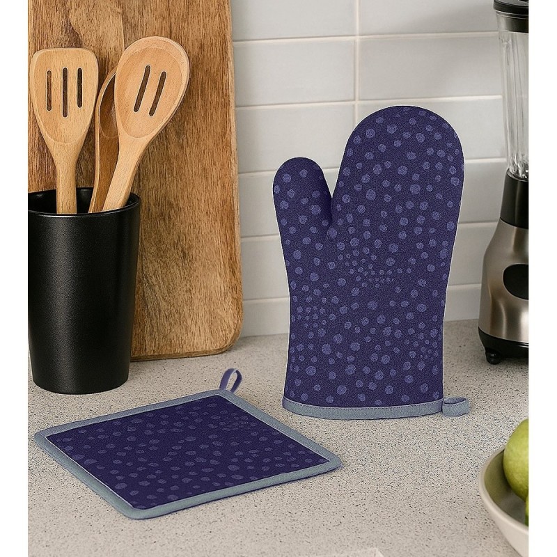 Gant et manique Pois Chic – Coton bleu marine à pois – Élégance cuisine