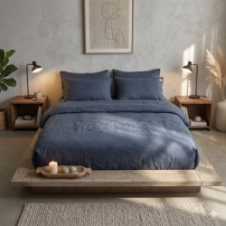 Parure de lit en double gaze de coton 260 x 240 cm Floria bleu marine