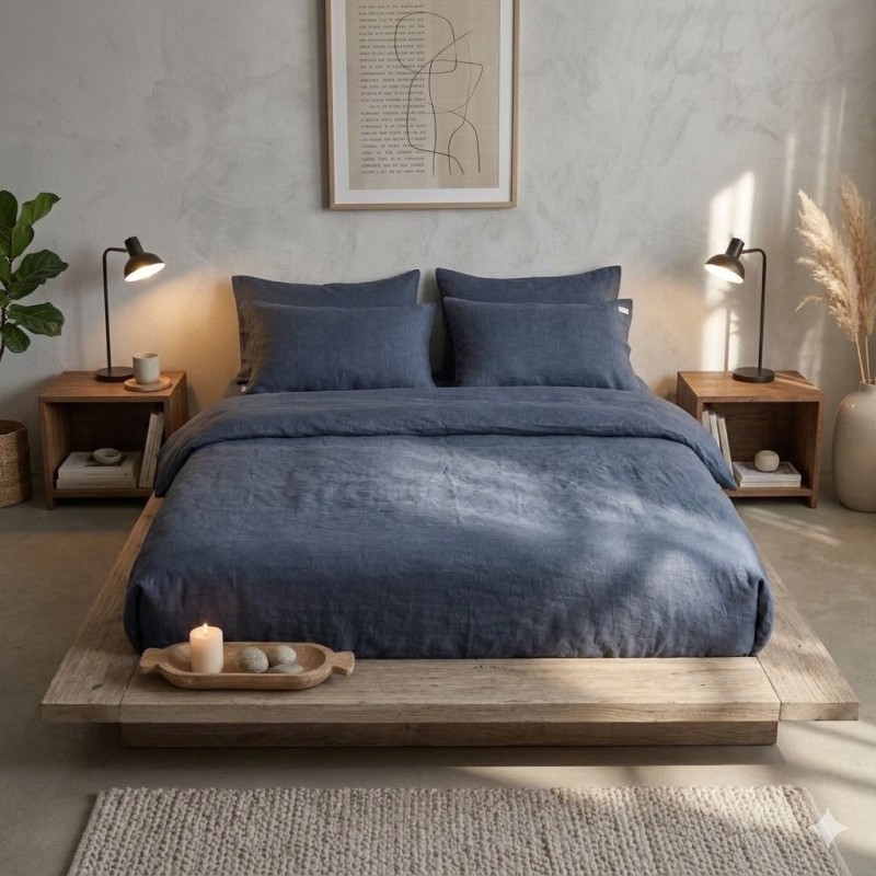 Parure de lit en double gaze de coton 260 x 240 cm Floria bleu marine