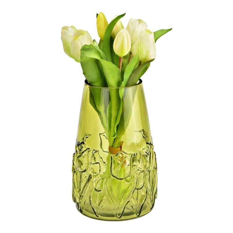 Vase en verre Motif floral en relief vert 15x22x15cm