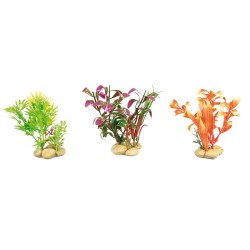 Lot de 3 plantes artificielles colorées pour aquarium avec pierres.