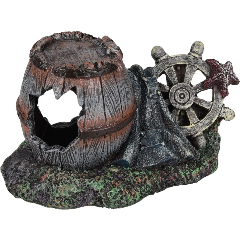 Décoration aquarium tonneau cassé avec gouvernail cachette poissons