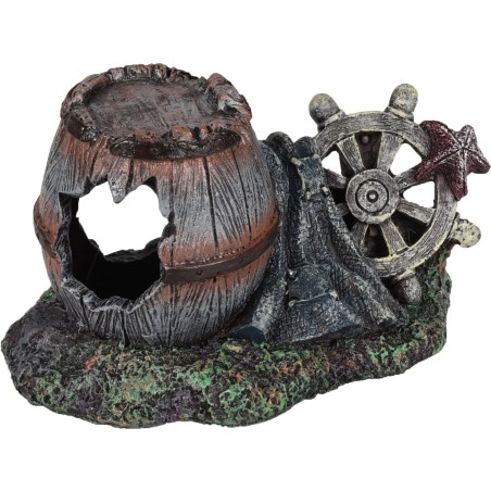 Décoration aquarium tonneau cassé avec gouvernail cachette poissons