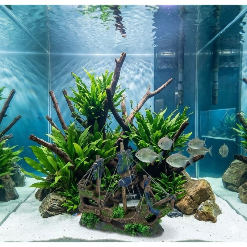 Décoration aquarium grande épave navire poissons