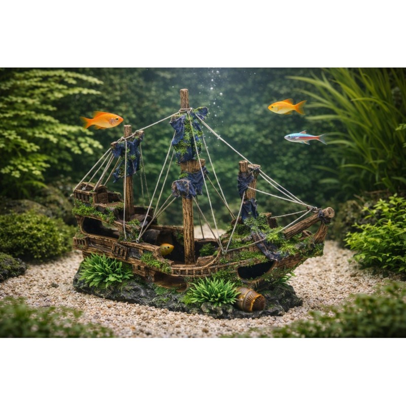 Décoration aquarium grande épave navire poissons