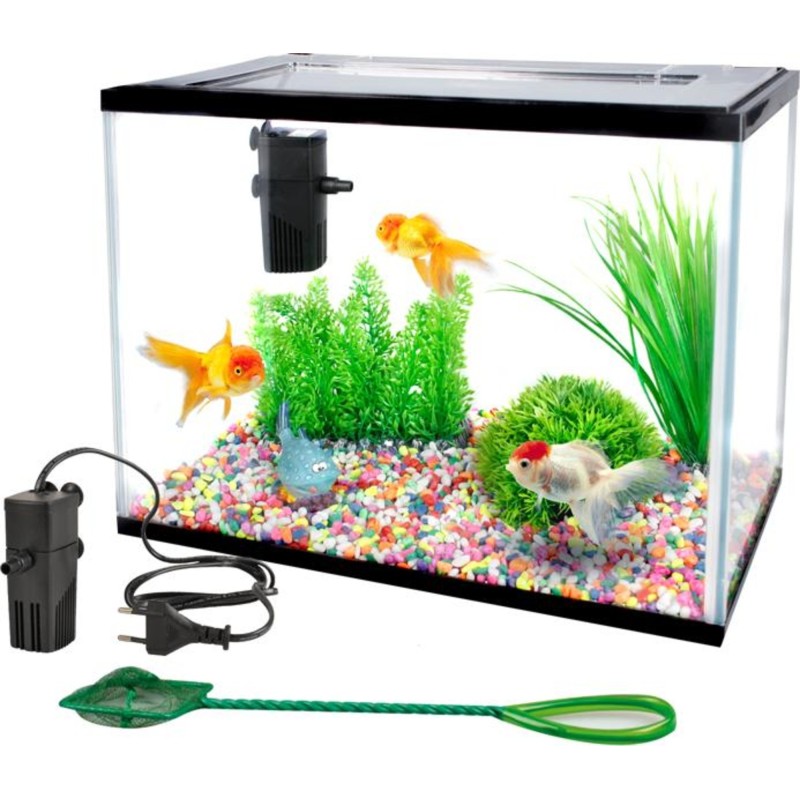 Aquarium 16L avec filtre 5W, gravier coloré et épuisette