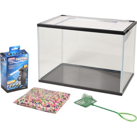 Kit aquarium rectangulaire 16L avec filtre, gravier coloré et épuisette inclus