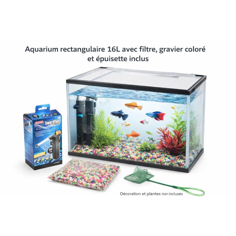 Aquarium 16L avec filtre 5W, gravier coloré et épuisette